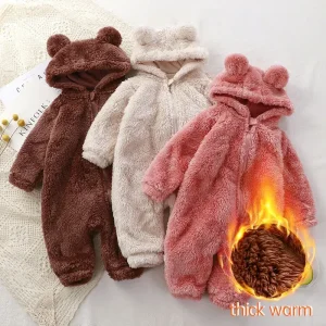 Pagliaccetti per bambini spessi e caldi Tute per neonati invernali carine con cappuccio in pile di corallo a forma di orso Pigiama morbido per neonato Tute Abbigliamento 1