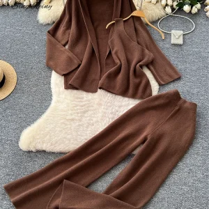 SINGREINY Inverno Homewear Casual Abiti da donna Autunno Cardigan in maglia + Gambe larghe Pantaloni lunghi Ins Solido Allentato Caldo Set di tre pezzi 1