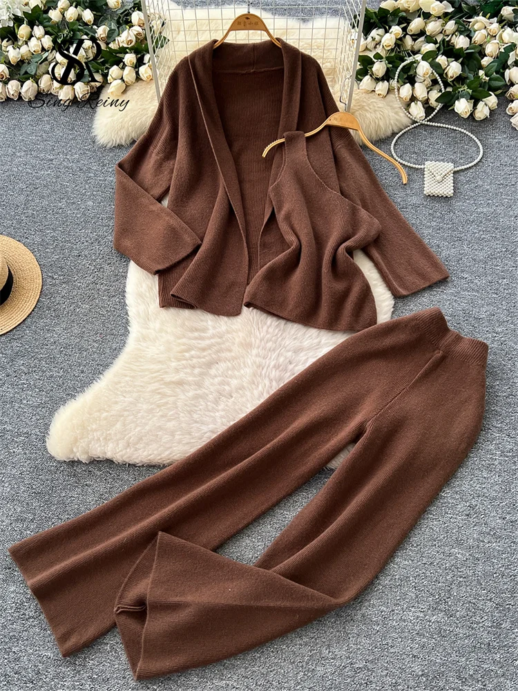 SINGREINY Inverno Homewear Casual Abiti da donna Autunno Cardigan in maglia + Gambe larghe Pantaloni lunghi Ins Solido Allentato Caldo Set di tre pezzi 1