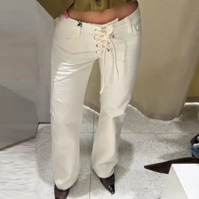 Jeans bianchi con lacci con coulisse Tasche con senso del design da donna Pantaloni in denim dritti a vita bassa 2025 Nuova moda casual Lady Streetwear 4