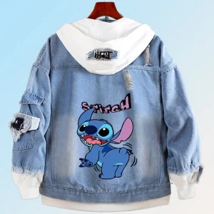 Disney Lilo e Stitch Giacca di jeans Primavera Autunno Cartoon Felpe Cappotti con cappuccio per bambini Moda Abbigliamento casual streetwear per adulti 1