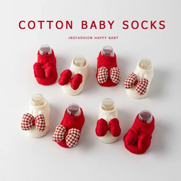Nuovi calzini per neonati in cotone 0-3 anni Fiocco rosso Neonate Ragazzi Pantofole calde Calzino per bambini di Capodanno Autunno Inverno 2