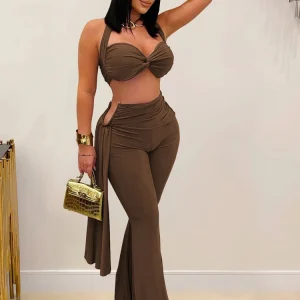 Beyprern New Chic Twist Front Crop Top e spalline lunghe Pantaloni a gamba larga Set Tute da donna in metallo increspato Set Salopette da notte 1