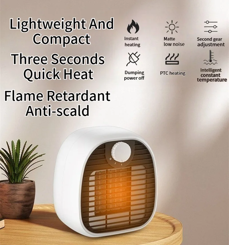 Mini riscaldatore portatile, riscaldatore elettrico compatto per ufficio, ventilatore da tavolo ad alta potenza a riscaldamento rapido, ideale per casa e spazio di lavoro 5