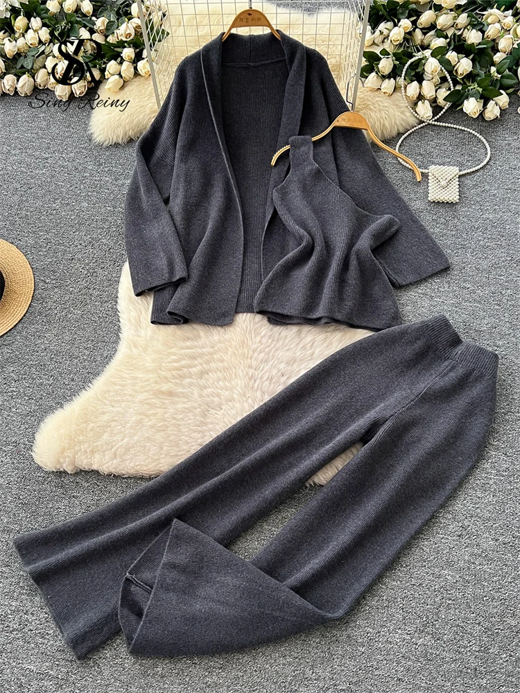 SINGREINY Inverno Homewear Casual Abiti da donna Autunno Cardigan in maglia + Gambe larghe Pantaloni lunghi Ins Solido Allentato Caldo Set di tre pezzi 5