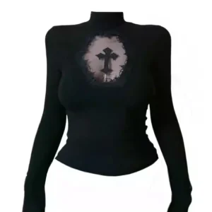 Donna Shoujo Girl Dark Academia Dolcevita Top Coquette Anni 2000 Estetica T-shirt a maniche lunghe T-shirt gotiche Gyaru giapponese Y2k Hot 1