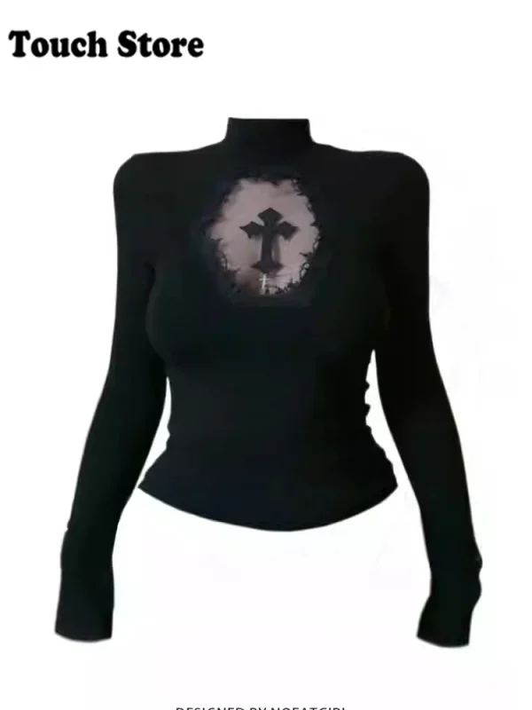 Donna Shoujo Girl Dark Academia Dolcevita Top Coquette Anni 2000 Estetica T-shirt a maniche lunghe T-shirt gotiche Gyaru giapponese Y2k Hot 1