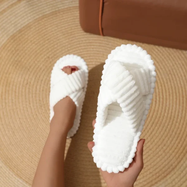 Pantofole da casa con fascia incrociata in velluto a coste moda Donna Primavera Autunno Scivoli in peluche caldi Pantofole da donna in cotone con suola morbida per camera da letto interna 5