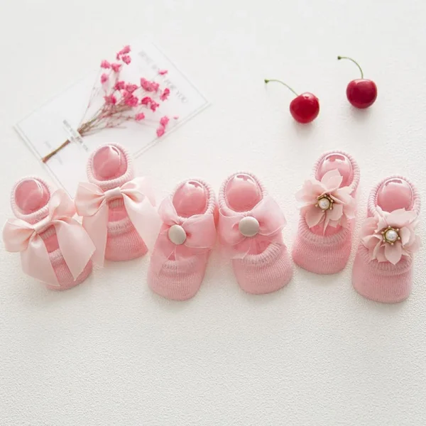 3 paia/lotto Fiore di pizzo Calzini per neonati in cotone antiscivolo Calzini da pavimento per bambini Arco Calzini per bambina Primavera Ragazze Regalo sokken 6