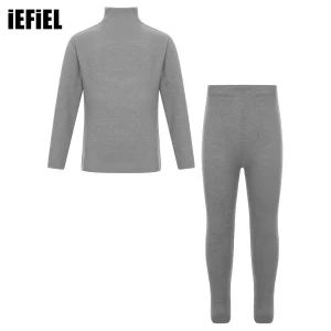 Set di biancheria intima termica tinta unita per bambini e bambine t-shirt a maniche lunghe con collo a lupetto caldo con Leggings elastici in vita 1