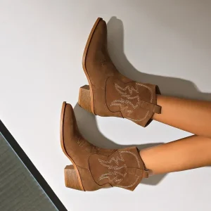 Stivali da cowboy western corti da donna con tacco in pelle scamosciata spessa e scollo a V a punta Stivaletti corti retrò stile britannico skinny f 1
