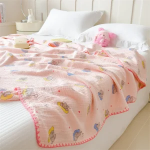 Coperta in cotone 100% Coperta antiacaro per letto Coperta per divano in stile cartone animato per bambini Coperta di garza a doppio strato Singolo/Queen/King 1