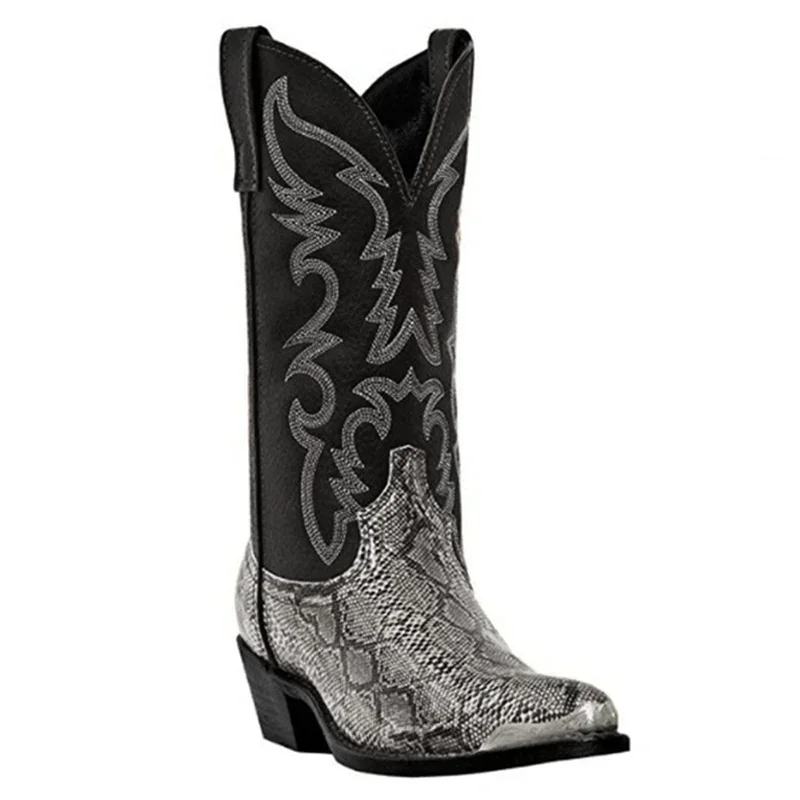 Stivali da donna retrò da uomo testa dorata pelle di serpente scarpe invernali in ecopelle stivali da Cowboy occidentali ricamati calzature Unisex taglia grande 5