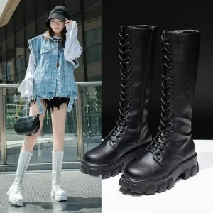 Stivali a metà polpaccio da donna Scarpe imbottite Scarpe da ginnastica alte al ginocchio invernali Stile punk Militare Casual Bianco Nero 2025Piattaforma Donna 1