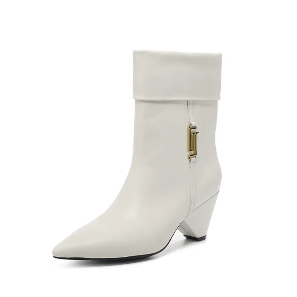 2025 Stivali lunghi di marca con tacco alto da donna Stivali corti di pelle bovina a punta di lusso Decorazione in metallo Stivali elastici moda donna35-43 5