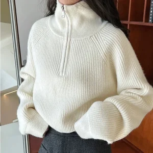 AOSSVIAO Pullover lavorato a maglia allentato da donna Mezza cerniera Maglioni dolcevita autunno e inverno Top casual comodo a maniche lunghe 1