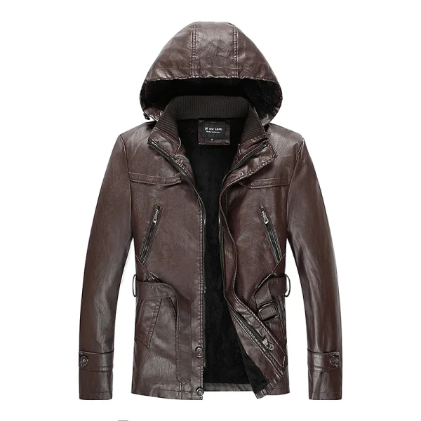 Giacche in pelle Capispalla Abbigliamento di marca Giacche in pelle da uomo Inverno Nuovo stile moda uomo spesso Cappotti in PU da moto con cappuccio Uomo 3