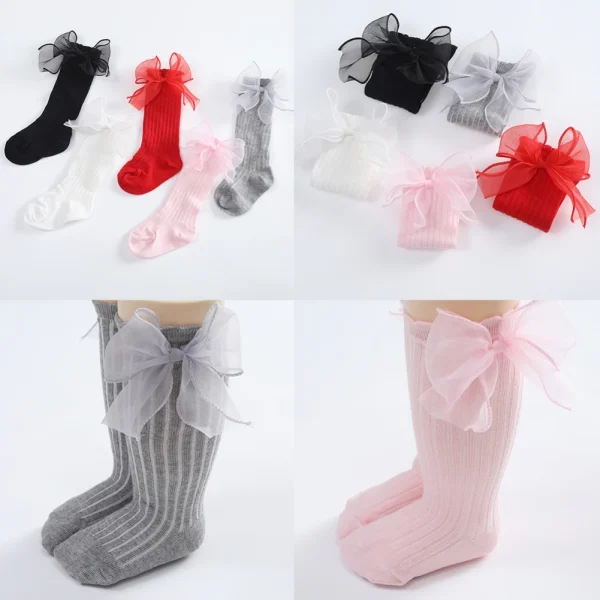 Primavera estate 1 paio di calzini alti al ginocchio in cotone 0-3 anni con grande fiocco abbigliamento per bambina neonato neonato bambino bambini calzini 5