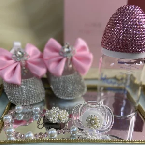 Dollbling Biberon e scarpe di lusso Set fascia per capelli Abito tutù con diamanti ricordo Fondo rosso Scarpe da battesimo per bambina 1