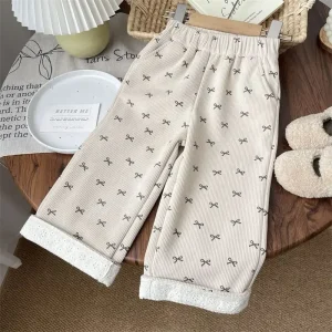 Nuove donne invernali. Pantaloni dritti in velluto a coste per bambini in velluto monopezzo con stampa fiocco per bambini Pantaloni spessi e foderati in pile per bambini 1