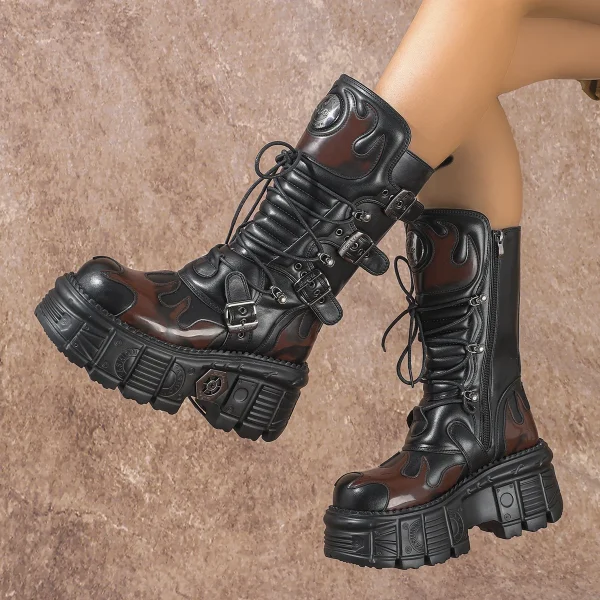 Stivali corti personalizzati Stivali da moto Heavy Metal Versatile a metà polpaccio da donna Rock Dark Cyberpunk 2
