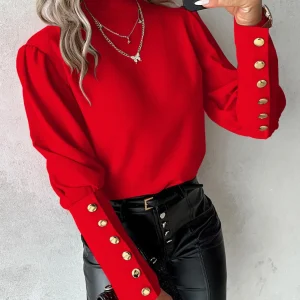 Camicia con bottoni e maniche a lanterna alla moda Camicia da donna elegante per pendolari da ufficio O collo Camicetta femminile autunno primavera Top casual quotidiani 1