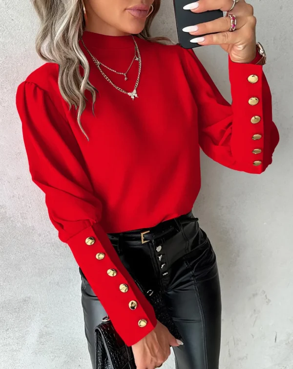 Camicia con bottoni e maniche a lanterna alla moda Camicia da donna elegante per pendolari da ufficio O collo Camicetta femminile autunno primavera Top casual quotidiani 1