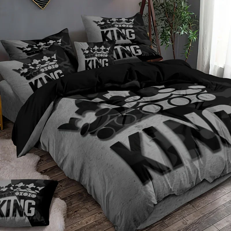 Set copripiumino con motivo letto king size grigio e nero, set di biancheria da letto con decorazione morbida e confortevole per camera da letto e dormitorio 1