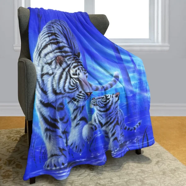 Coperta da tiro con tigre bianca, morbida e accogliente, calda coperta di flanella, tigre bianca siberiana sotto le coperte da notte stellata blu per divano letto 5