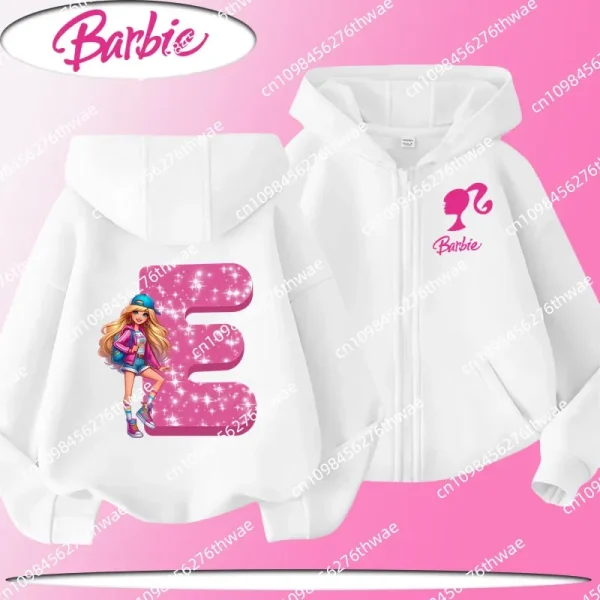 Felpa con cappuccio con cerniera per bambola Barbie per bambini con stampe di cartoni animati dell'alfabeto AZ per la primavera e l'autunno, top casual carino per ragazze 6