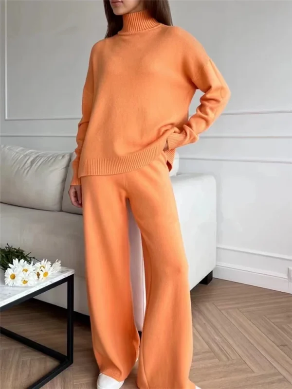 Autunno Inverno 2 pezzi Set da donna Tuta lavorata a maglia Maglione a collo alto e pantaloni da jogging dritti 6