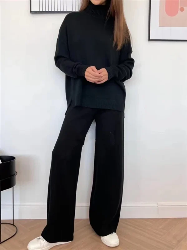 Autunno Inverno 2 pezzi Set da donna Tuta lavorata a maglia Maglione a collo alto e pantaloni da jogging dritti 4