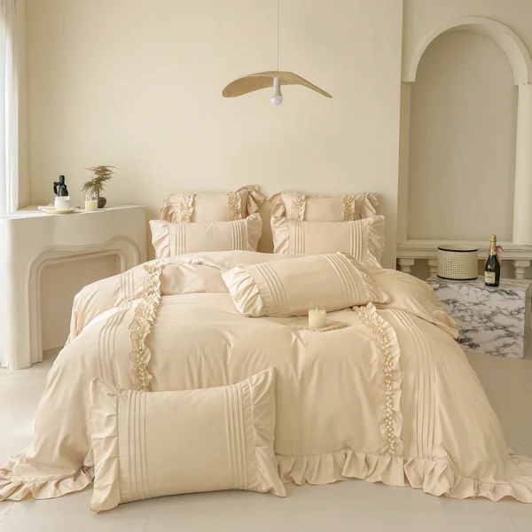 Set biancheria da letto in cotone lavato stile principessa con federa lenzuolo letto singolo completo copripiumino viola letto matrimoniale Queenking 4