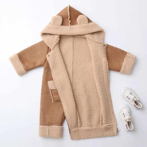 0-2Y Inverno Neonati maschi Vestiti Felpa con cappuccio in pelliccia Tute per ragazze Fodera in pile Pagliaccetti per bambini Pausa vento Vestito infantile 3