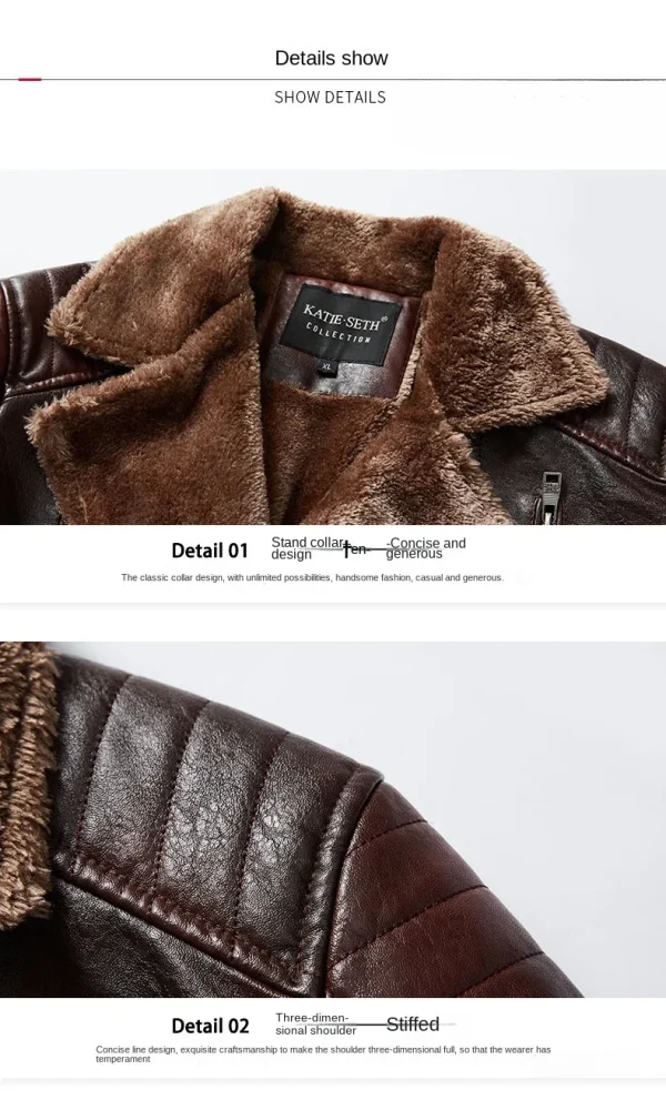 Giacca in pelle da uomo Autunno e inverno Nuovo design con cerniera inclinata in tinta unita Cappotto da viaggio con risvolto da uomo Abbigliamento in pelle calda 4