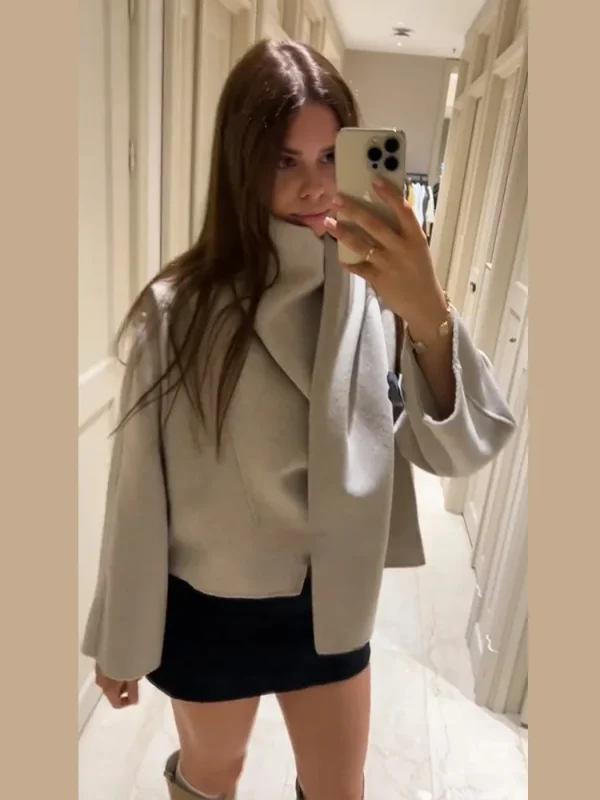 Cappotto con colletto avvolgente in misto lana beige Orlo asimmetrico Polsini svasati Allentato 2025 Autunno Elegante giacca da donna Office Chic Lady Soprabito 3