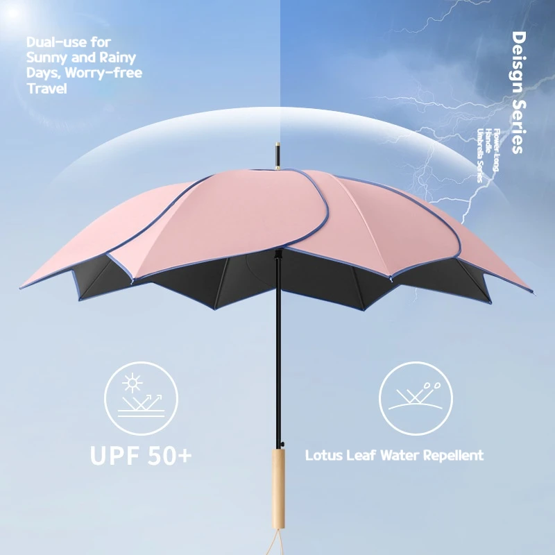Ombrello a doppio uso per pioggia e sole con manico lungo a forma di fiore, protezione UV, protezione solare, ombrellone, ombrellone in vinile 3