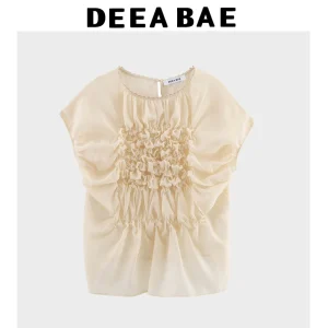 DEEABAE Camicia a maniche corte sottile leggermente trasparente a pieghe floreali per donna Top corto delicato e super bello in stile coreano 1