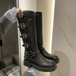 Stivali da donna Piattaforma alta al ginocchio Elegante tacco basso Tendenza Punk Gotico New Rock Pelle Moda Scarpe da donna Calzature da moto 1