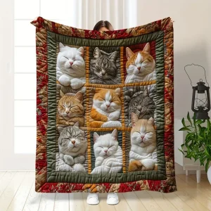 Coperta in flanella con stampa di gatti bohémien – Coperta in poliestere colorato per divano, letto o regalo – Morbida coperta in peluche per gli amanti dei gatti 1