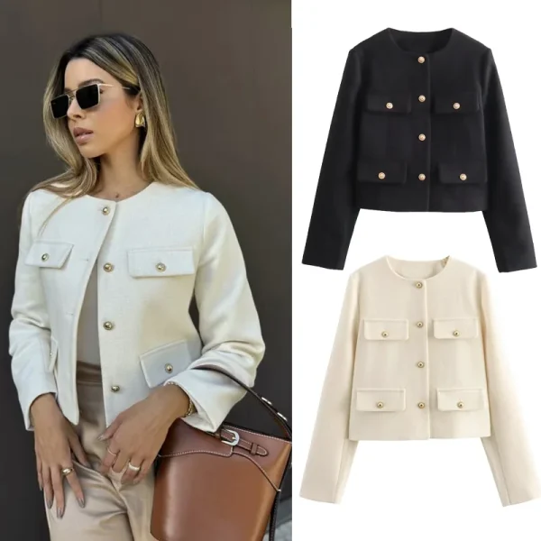 MUJER 2025 Giacca corta in tweed Cappotto donna Bottoni Manica lunga Giacche eleganti per donna Cappotti corti Moda Novità in capispalla 1