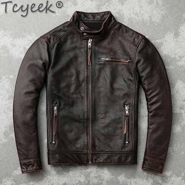 Tcyeek Giacca in vera pelle da uomo Strato superiore Cappotti in pelle di vacchetta Primavera Autunno Cappotto in pelle vintage Giacche da uomo Jaqueta Masculina 2