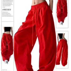 Pantaloni da paracadute larghi rossi da donna Y2k Pantaloni sportivi vintage Pantaloni cargo Harajuku Pantaloni stile giapponese anni 2000 Abbigliamento Estate 2025 1