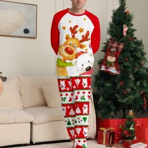 Completo pigiama natalizio da uomo, motivo renna e orso polare, pantaloni con fantasia festosa 1
