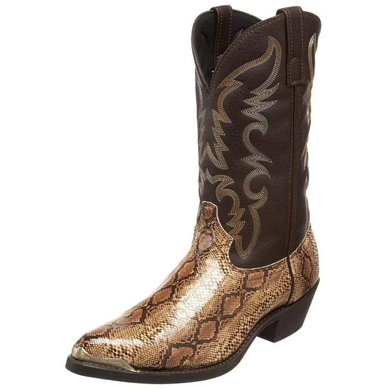 Stivali da donna retrò da uomo testa dorata pelle di serpente scarpe invernali in ecopelle stivali da Cowboy occidentali ricamati calzature Unisex taglia grande 1