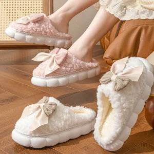 Pantofole invernali in pelliccia calda per donna Scarpe morbide antiscivolo con fiocco carino Comfort Pantofole in peluche per camera da letto interna per la casa con tacco piatto 1