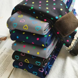 Pantaloni legging caldi in velluto con pizzo e stampa di disegni per bambine autunno inverno 1