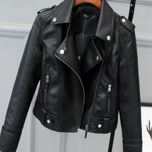 Versione coreana della giacca sottile in pelle PU da donna 2023 Primavera / Autunno Inverno Nuovo cappotto corto in pelle da motociclista 1