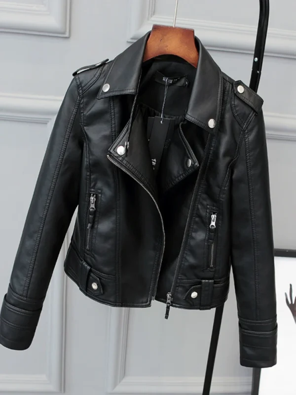Versione coreana della giacca sottile in pelle PU da donna 2023 Primavera / Autunno Inverno Nuovo cappotto corto in pelle da motociclista 1