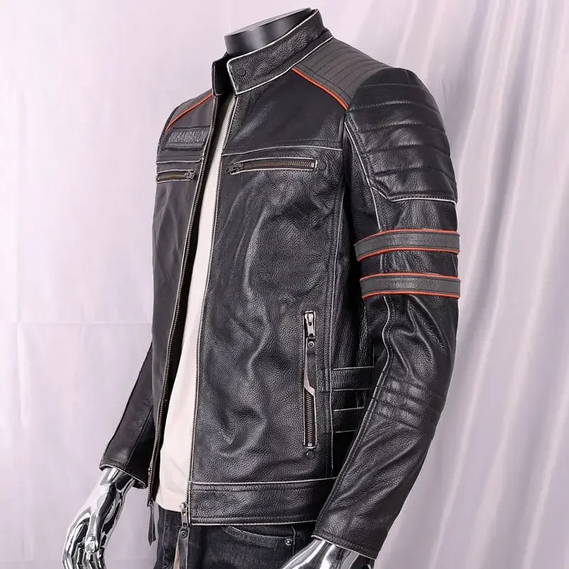 Giacca in vera pelle per uomo colletto corto in piedi con ricamo teschio giacca moto Harley uomo cappotto in pelle di mucca maschile 5